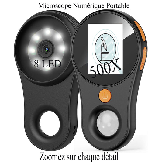Microscope numérique portatif 500x avec écran IPS HD – Caméra 2MP, éclairage LED et objectif macro